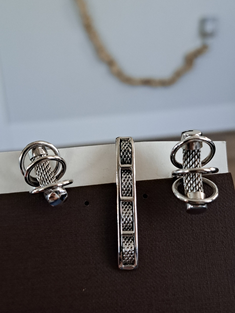 Swank Men's Silver Mesh Cufflink and Tie Bar Set